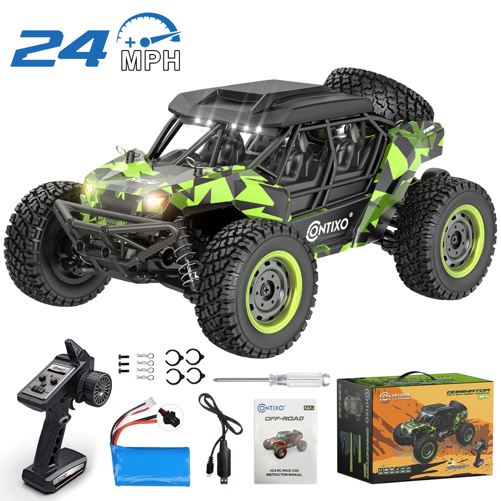 Contixo HC4 Dominator 1:16 scale RC off-road 4WD UTV monster truck in neon green and gray with black tires, shown with remote control, battery, charger, instruc