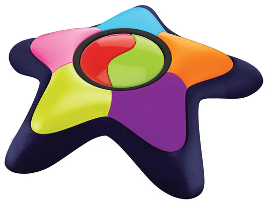 Colorful star-shaped game unit with multicolored sections including blue, pink, yellow-green, red, green, orange, and purple, with a black yin-yang symbol in th