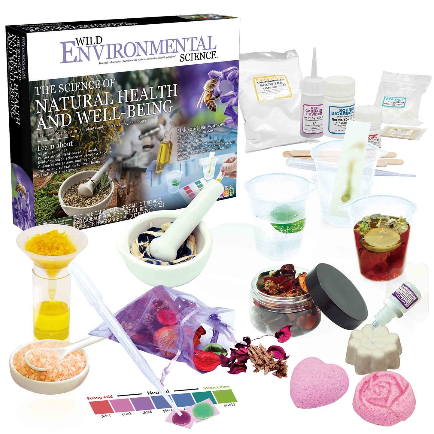 Wild Environmental Science Natural Health and Well-Being STEM kit with box, mortar and pestle, ingredient bottles, test tubes, pH color chart, dried flowers, ba