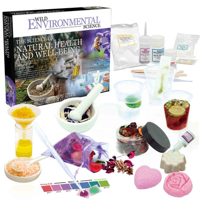 Wild Environmental Science Natural Health and Well-Being STEM kit with box, mortar and pestle, ingredient bottles, test tubes, pH color chart, dried flowers, ba