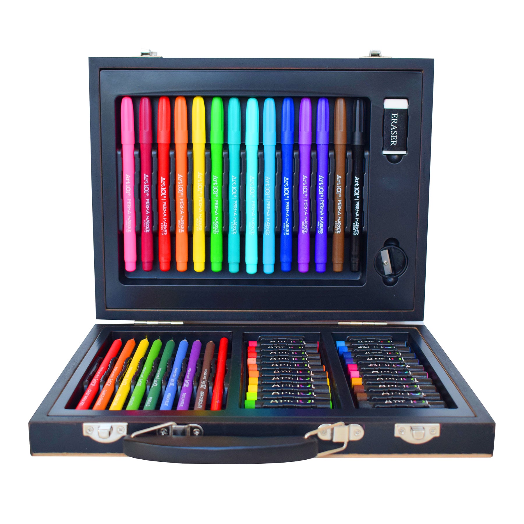 Art 101 Color & Sketch 58-piece art set in open black wooden case with handle, showing organized compartments of colorful markers, pencils, and sketch supplies