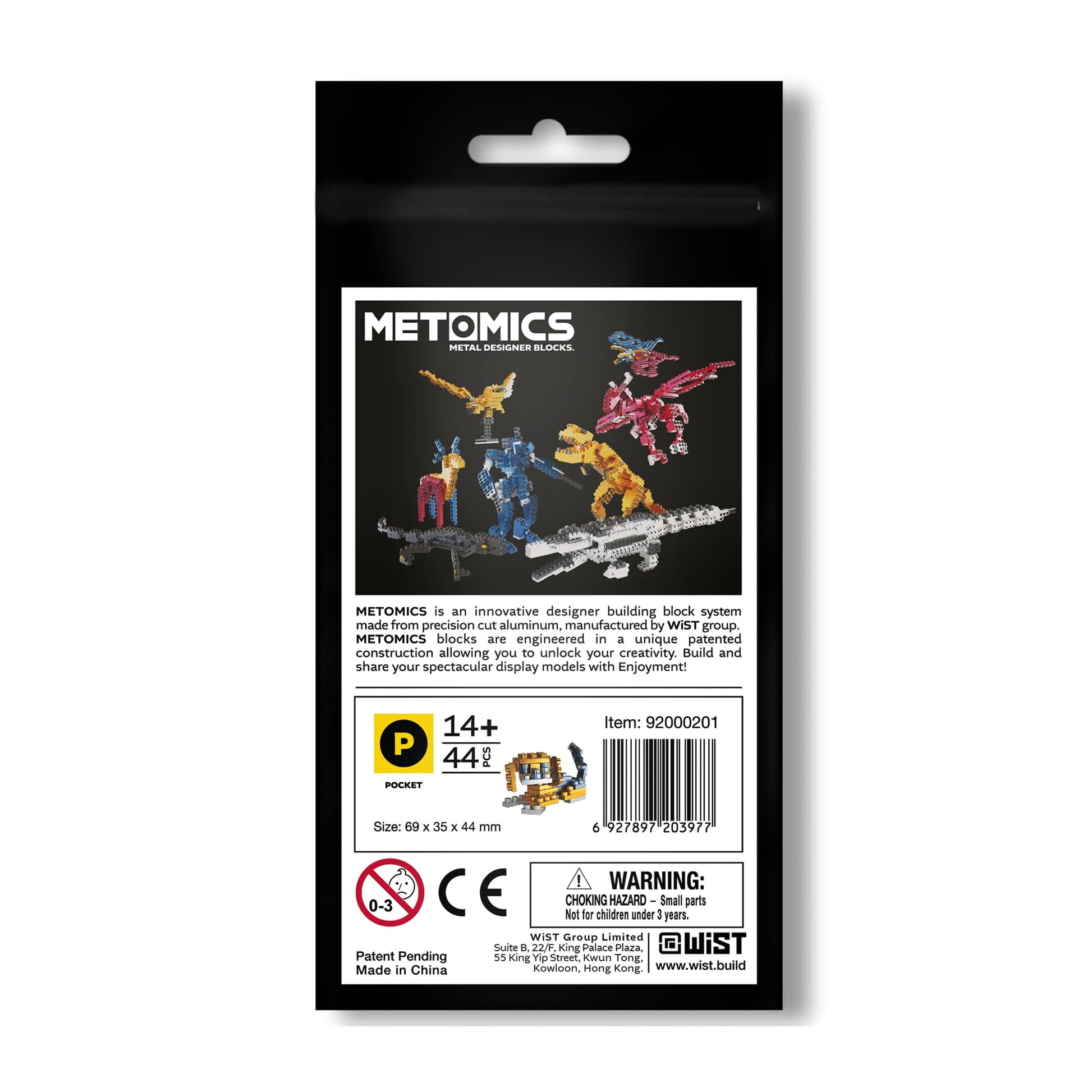 METOMICS Metal Designer Blocks packaging showing colored metal building block models of animals and figures on black background, 14+ age rating, 44 pieces