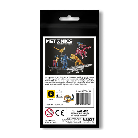 METOMICS Metal Designer Blocks packaging showing colored metal building block models of animals and figures on black background, 14+ age rating, 44 pieces