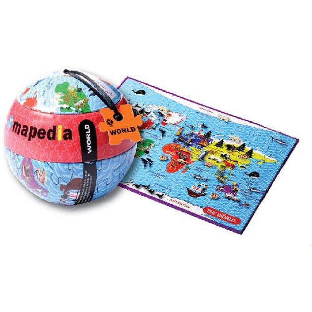 Inflatable globe puzzle ball with colorful map and flat puzzle mat showing world geography and ocean scenes