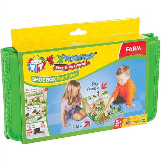 Toy Trainer shoe box storage with farm play mat, modeled by children playing and putting toys away, green fabric organizer with yellow top