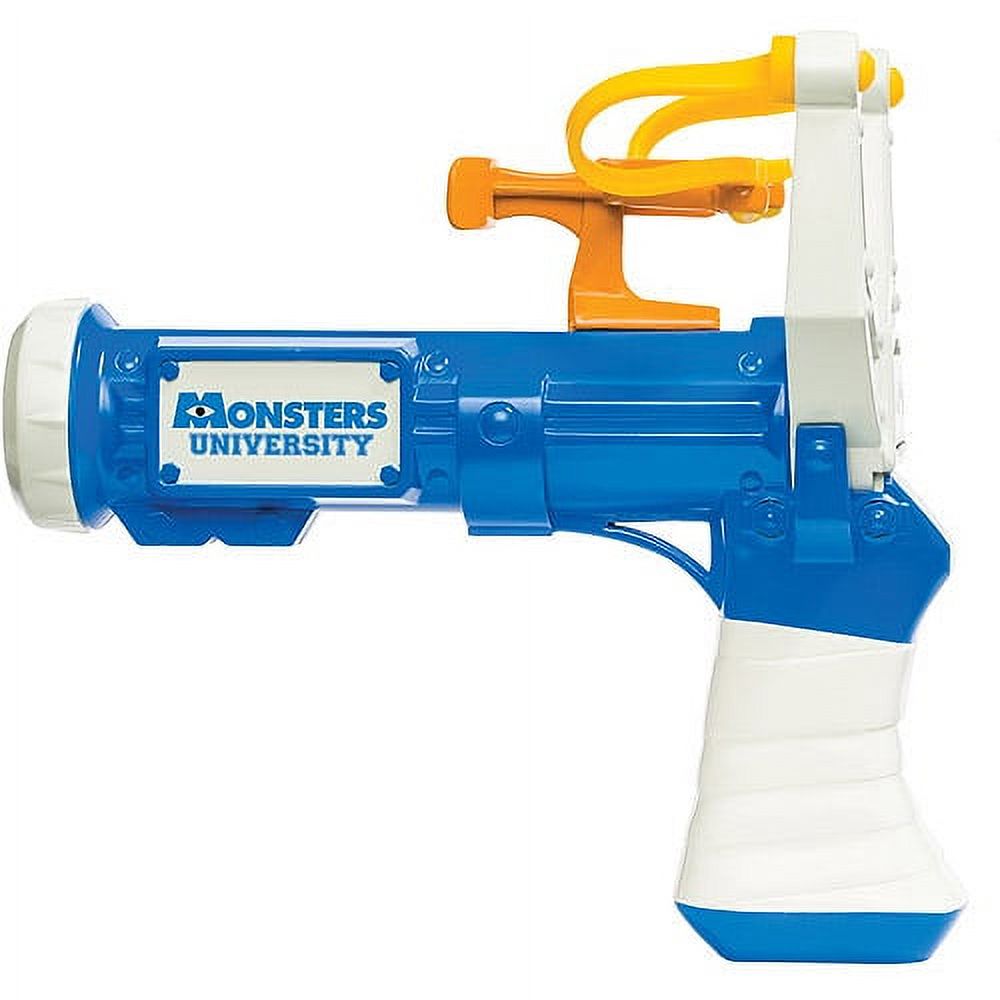 Blue and white Monsters University bubble blaster with yellow accents and orange pump handle
