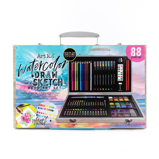 Art 101 Watercolor Draw & Sketch Wood Art Set with 88 pieces open to show colored pencils, watercolor brushes, cakes, pastels, and sketch pencils organized in c