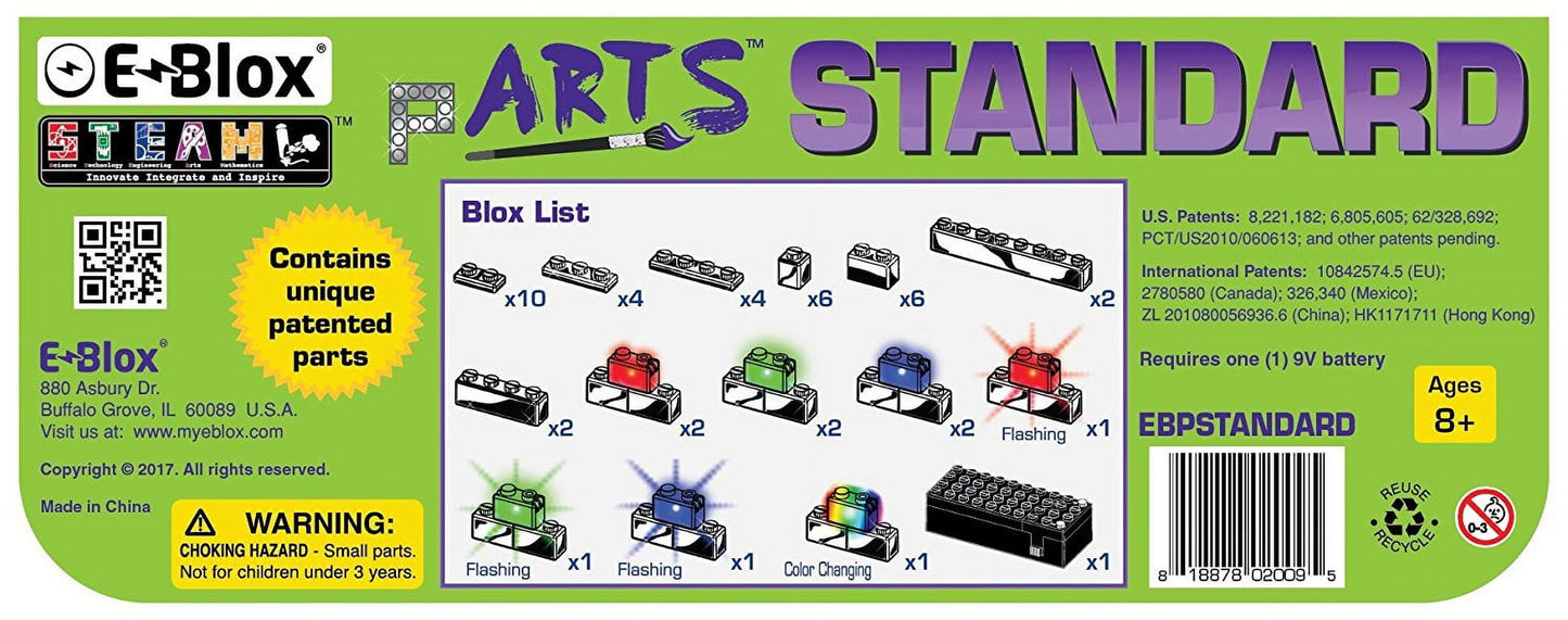 E-Blox Arts Standard building block set package showing LED blox components, blox list with quantities, flashing and color-changing pieces, requires 9V battery,
