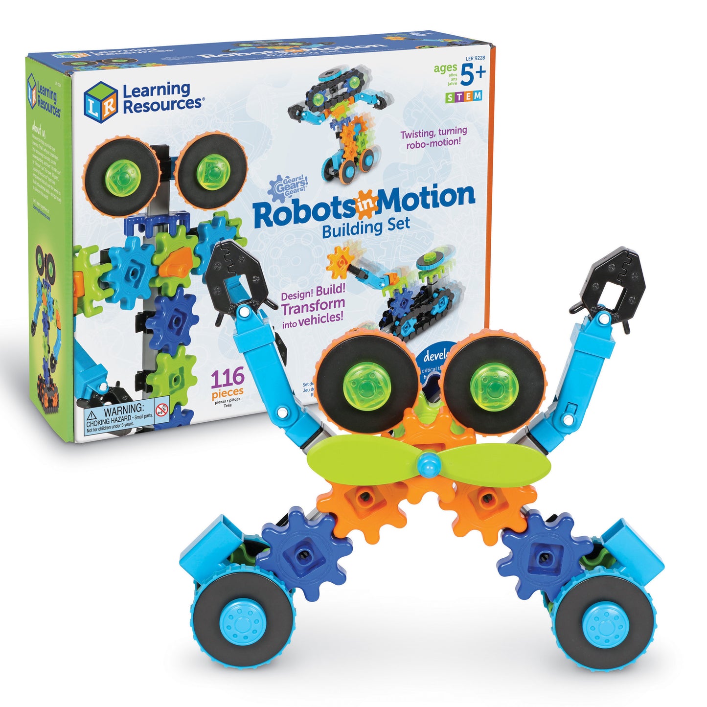 Learning Resources Gears! Gears! Gears! Robots in Motion building set with colorful blue, green, and orange modular pieces, gears, and wheels that transform int