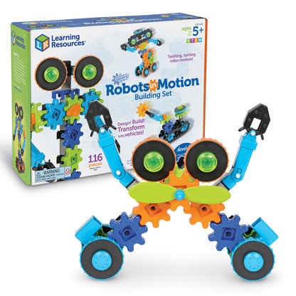 Learning Resources Gears! Gears! Gears! Robots in Motion building set with colorful blue, green, and orange modular pieces, gears, and wheels that transform int