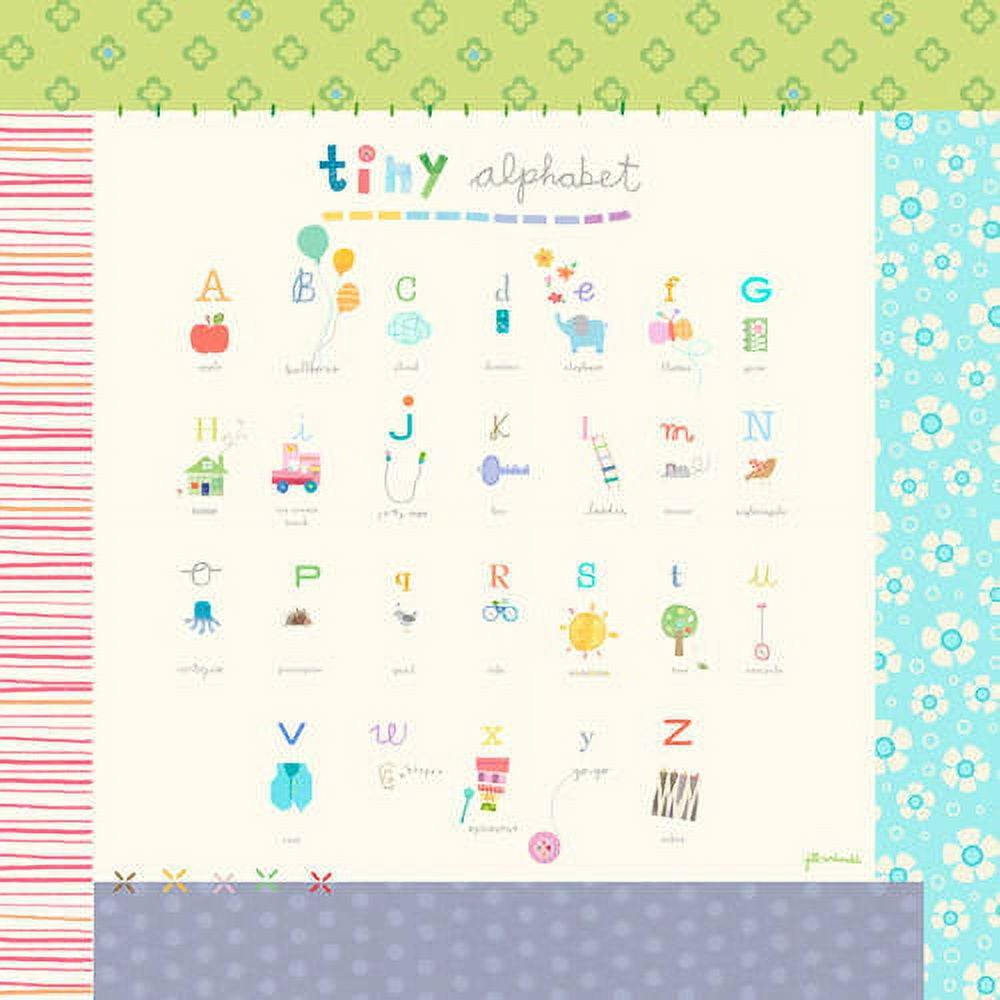 Tiny Alphabet canvas wall art featuring colorful illustrated letters A-Z with child-friendly objects and patterns on cream background with striped and floral bo