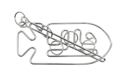 Silver metal wire puzzle shaped like a fish with interlocking loops and a sliding ring, shown on plain white background