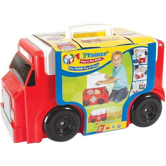 Red fire truck-shaped toy storage organizer with black wheels, white handle, and blue panel featuring yellow accents and product imagery