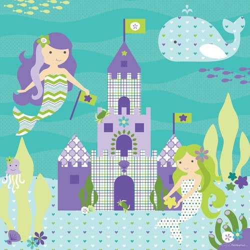 Colorful underwater scene with purple mermaid castle, two mermaids with long hair, whale, jellyfish, seaweed, and small fish on turquoise background