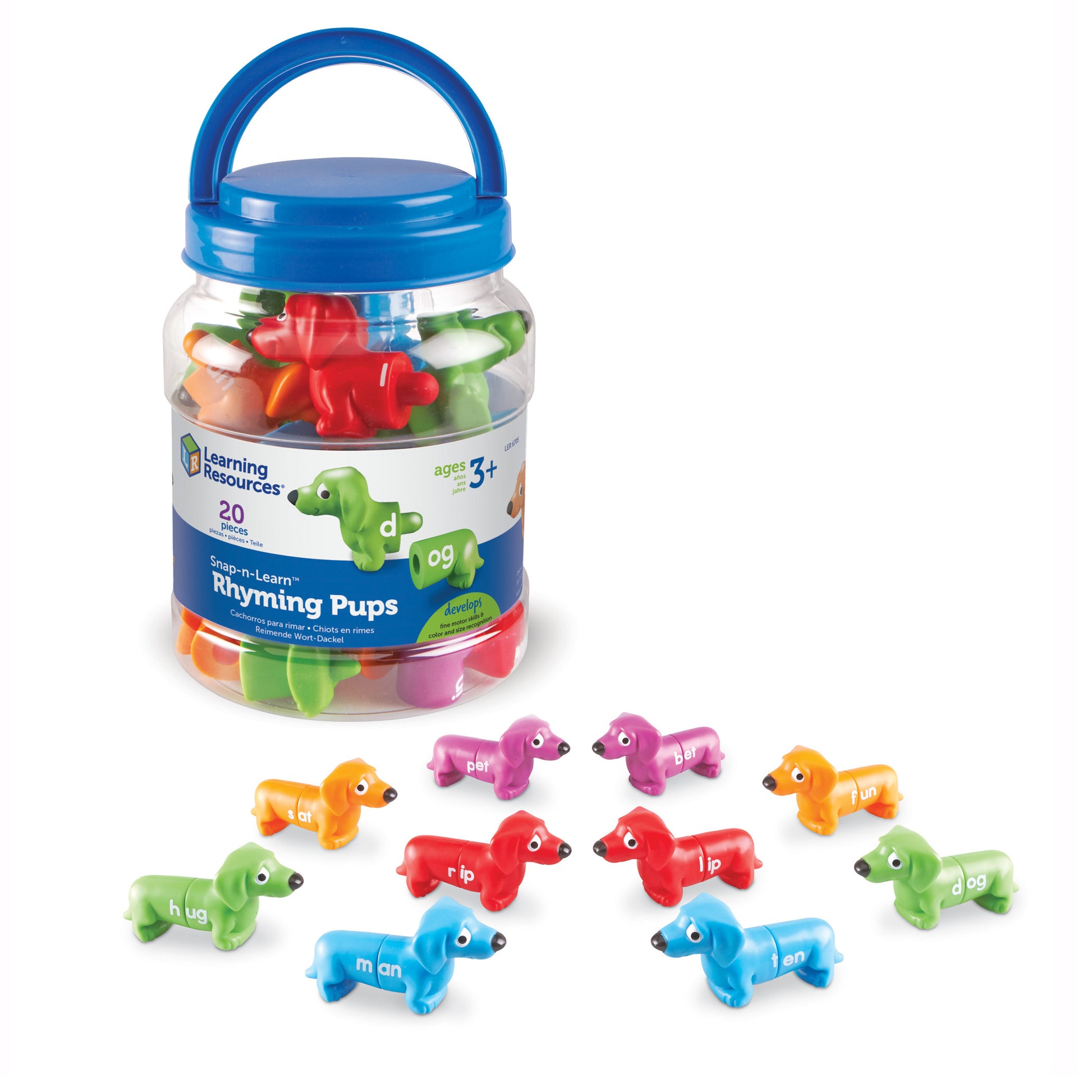 Snap-n-Learn Rhyming Pups set with blue carry bucket containing 20 colorful dog-shaped pieces labeled with rhyming words, displayed with individual pieces shown
