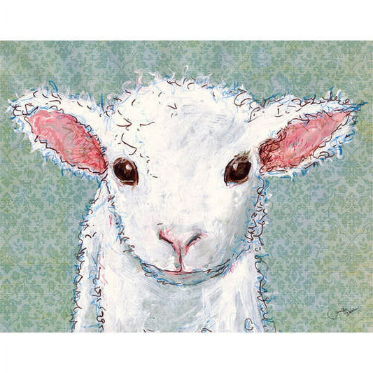 White plush lamb with pink inner ears and dark eyes, painterly illustration style on green textured background