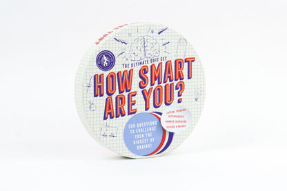 How Smart Are You? The Ultimate Quiz Set box with brain illustration, grid pattern background, and text listing 200 questions covering lateral thinking, catchph