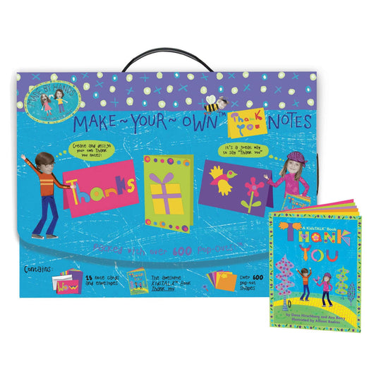 Make-Your-Own Thank You Notes craft kit with colorful carrying case, note cards, envelopes, and KidsTALK picture book