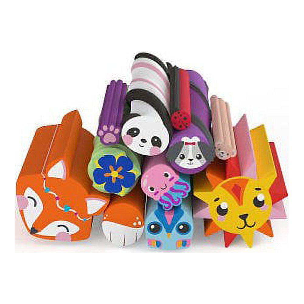 Colorful plush animal character crafts with felt ears, paws, and embroidered faces in orange, purple, pink, and yellow tones, displayed with rolled fabric strip
