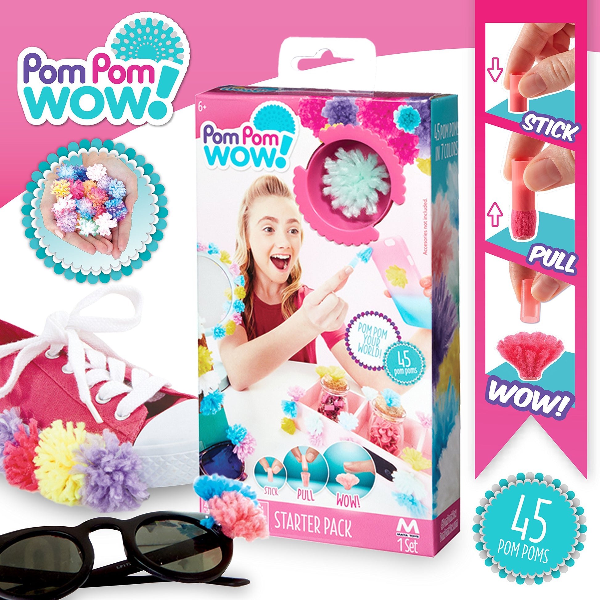 Pom Pom Wow Starter Pack with colorful pom pom balls, stick applicator tool, pull-tab dispenser, and sample finished crafts on pink background, modeled by a chi