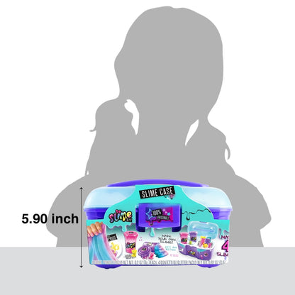 So Slime DIY Slime Caddy Mini Kit with turquoise and purple case, shown with size measurement of 5.90 inches next to silhouette of child