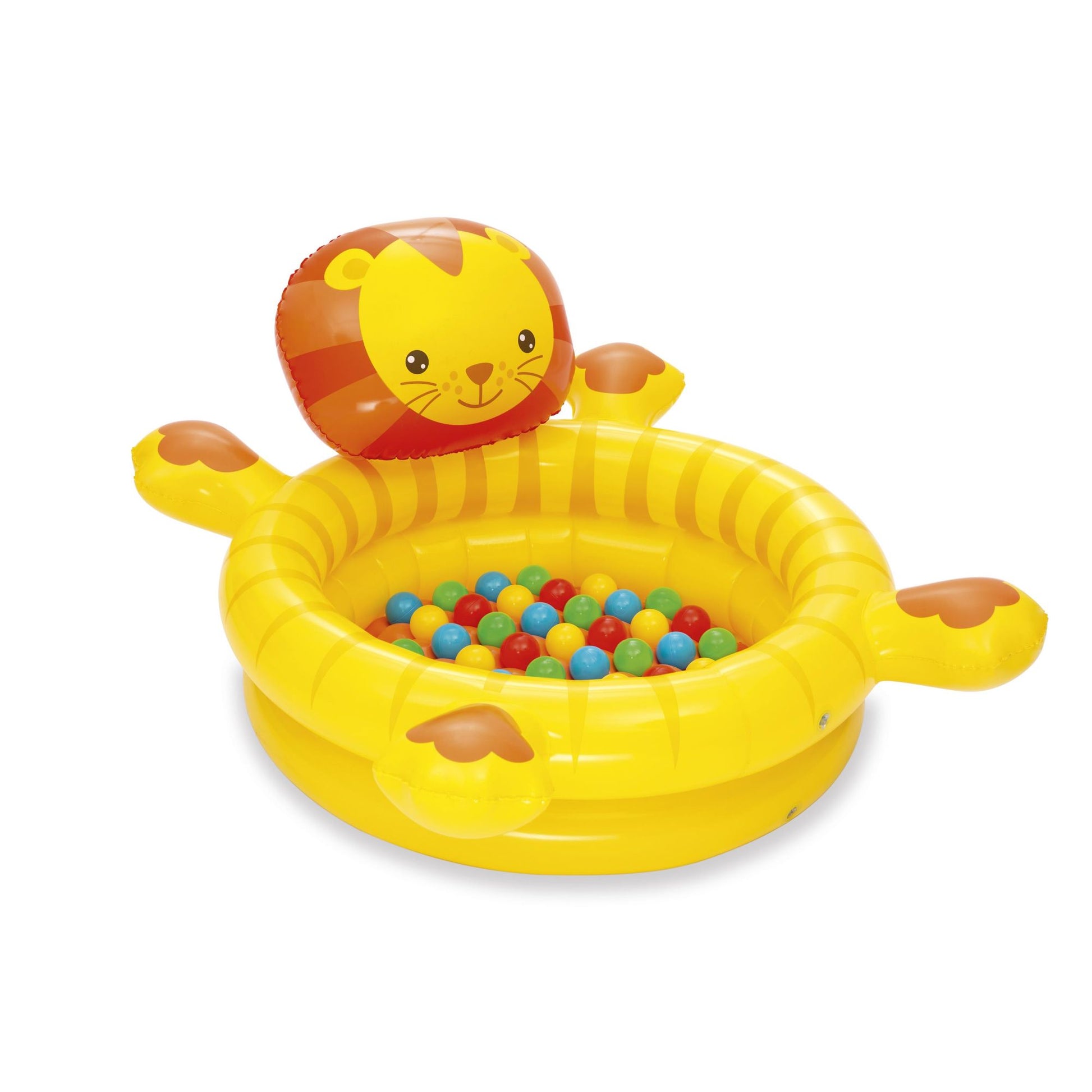 Yellow lion-themed inflatable ball pit with orange and red mane, filled with colorful balls in red, blue, yellow, and green