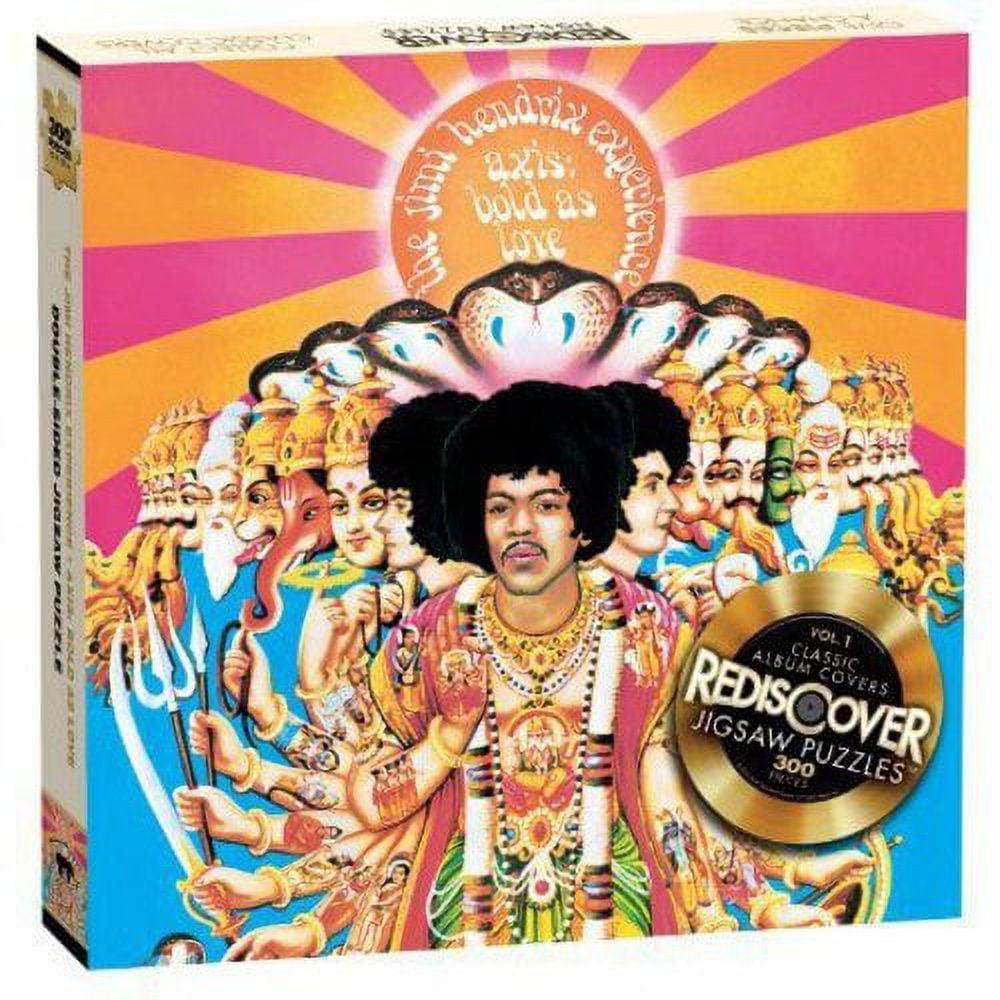 Jimi Hendrix Rediscover jigsaw puzzle box featuring psychedelic artwork with figure in center surrounded by colorful spiritual imagery and radiating pink and go