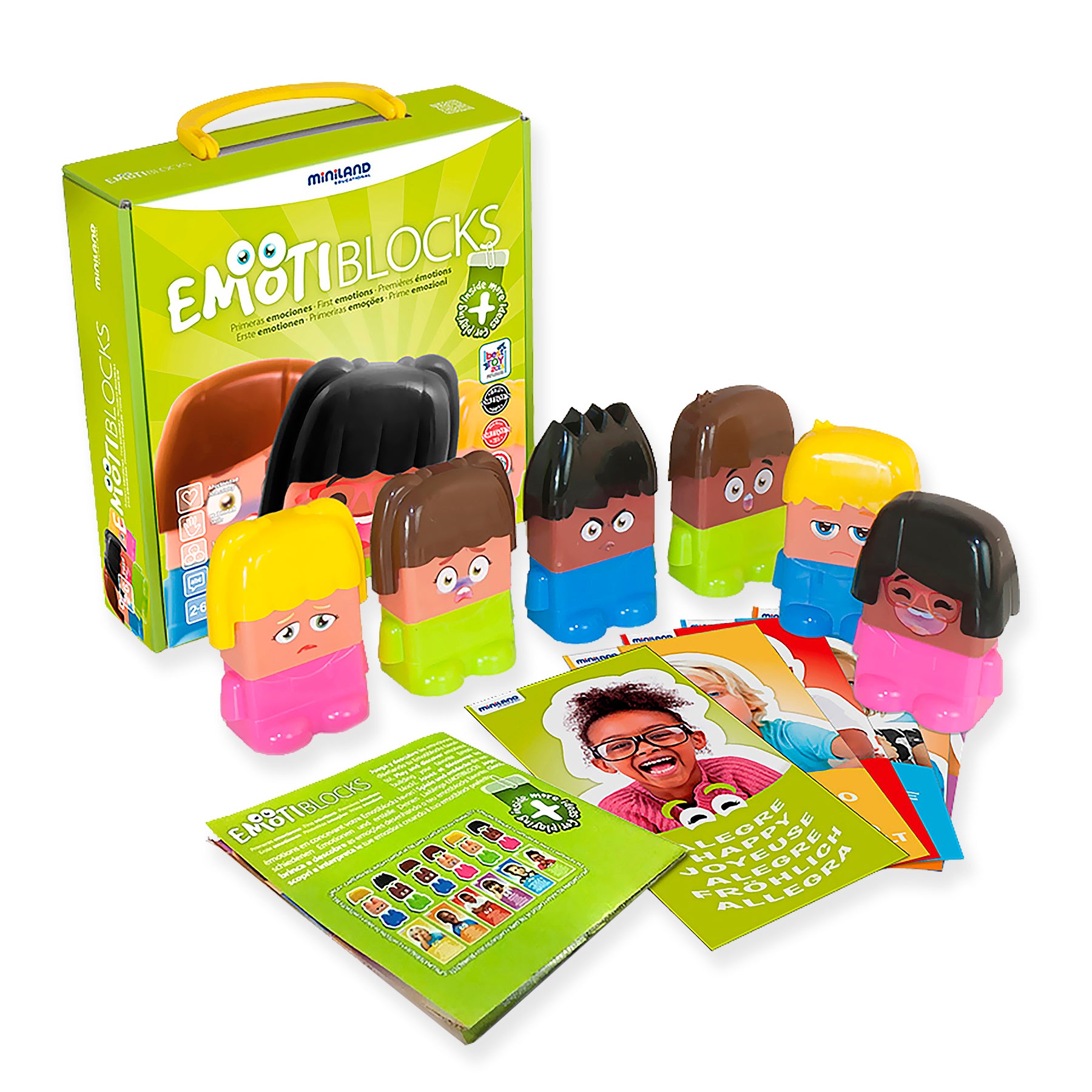 Emotiblocks set with lime-green carrying case, five colorful stacking blocks with different hairstyles and interchangeable emotion faces, and instruction cards