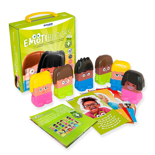 Emotiblocks set with lime-green carrying case, five colorful stacking blocks with different hairstyles and interchangeable emotion faces, and instruction cards