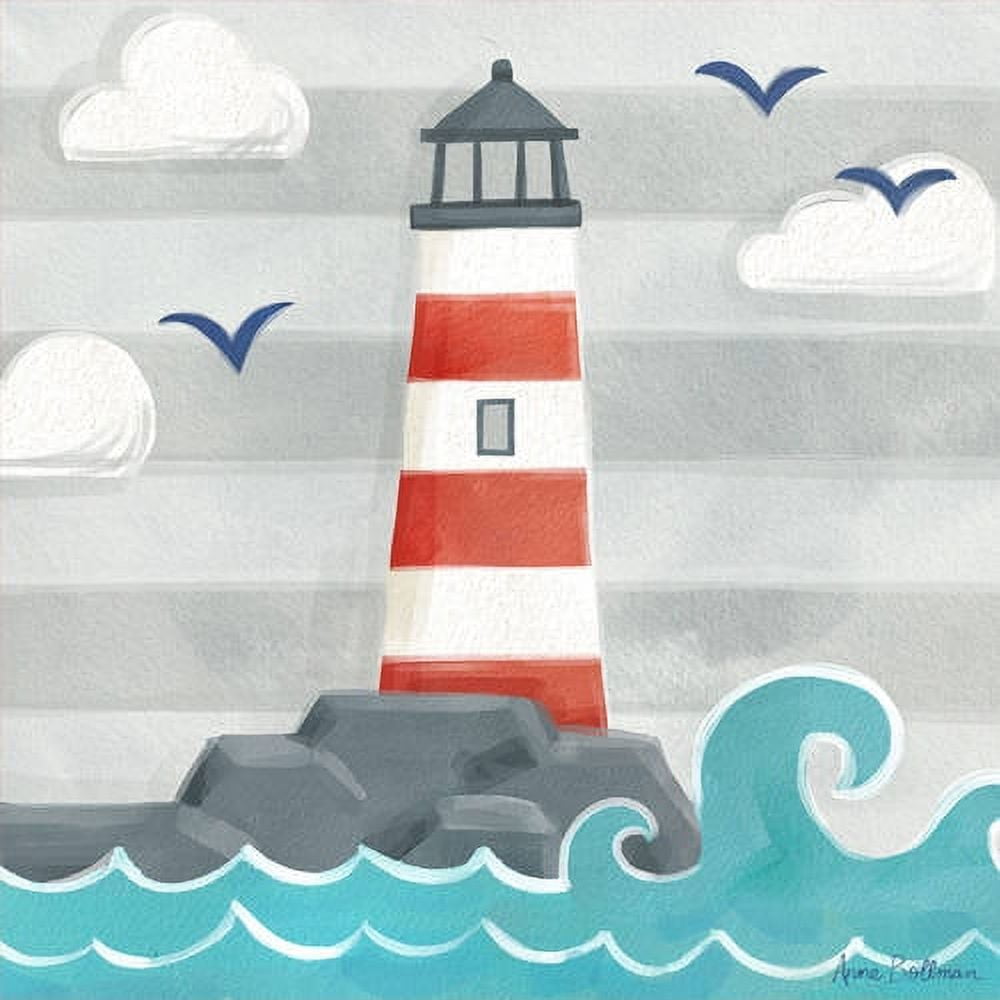 Illustration of red and white striped lighthouse with dark top on rocky shore, surrounded by white clouds, blue birds, and turquoise waves