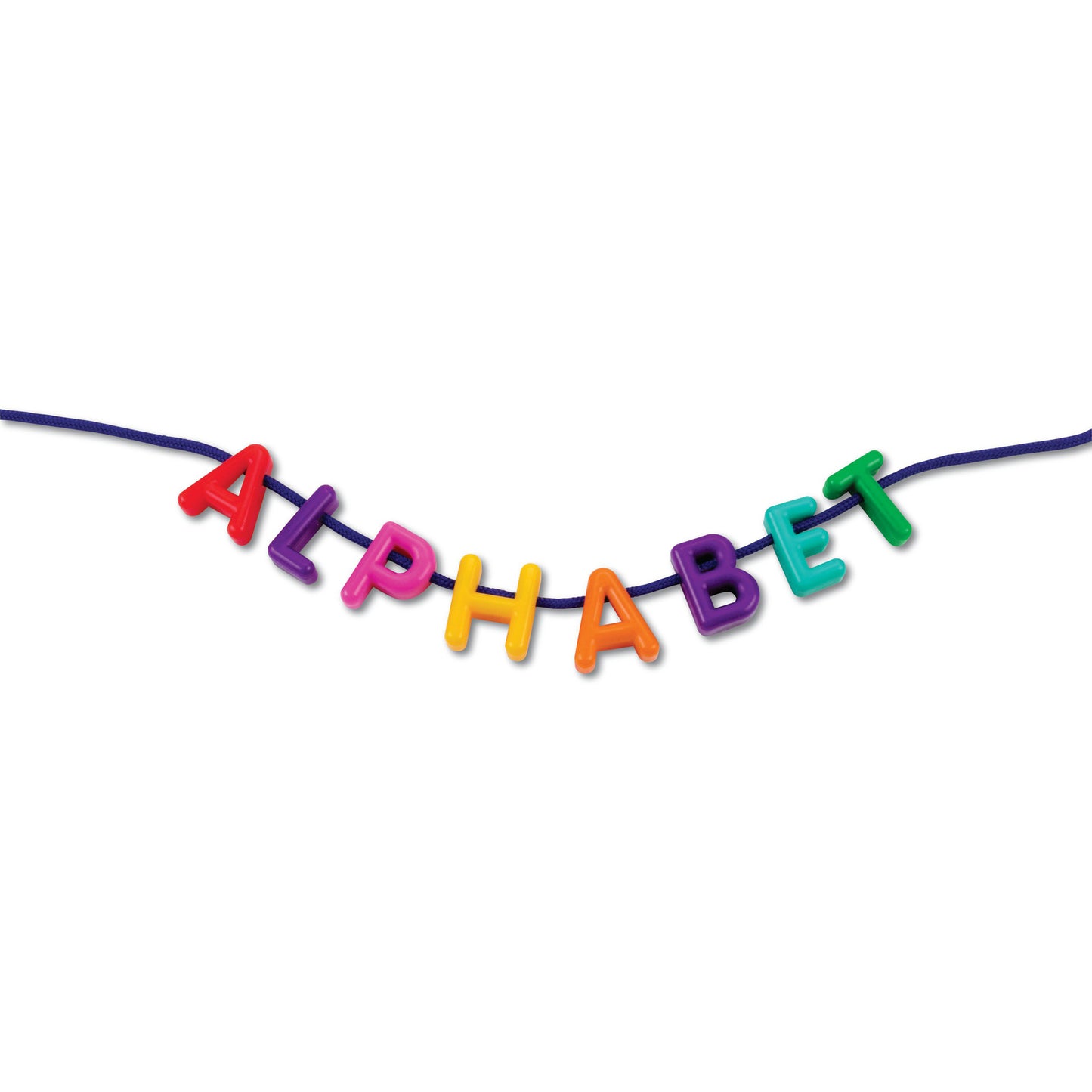 Colorful plastic alphabet letters threaded on a dark blue cord spelling 'ALPHABET', featuring red, purple, pink, yellow, orange, and green letters