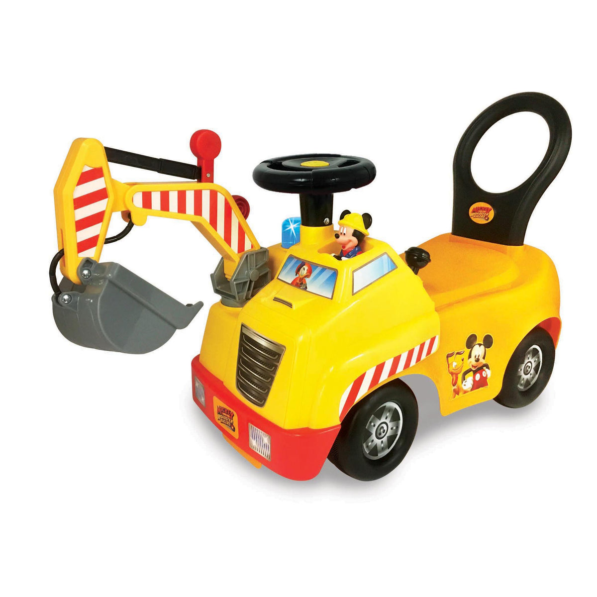 Yellow and red ride-on toy vehicle with Mickey Mouse graphic, black steering wheel, and attached interactive crane arm with bucket on plain background