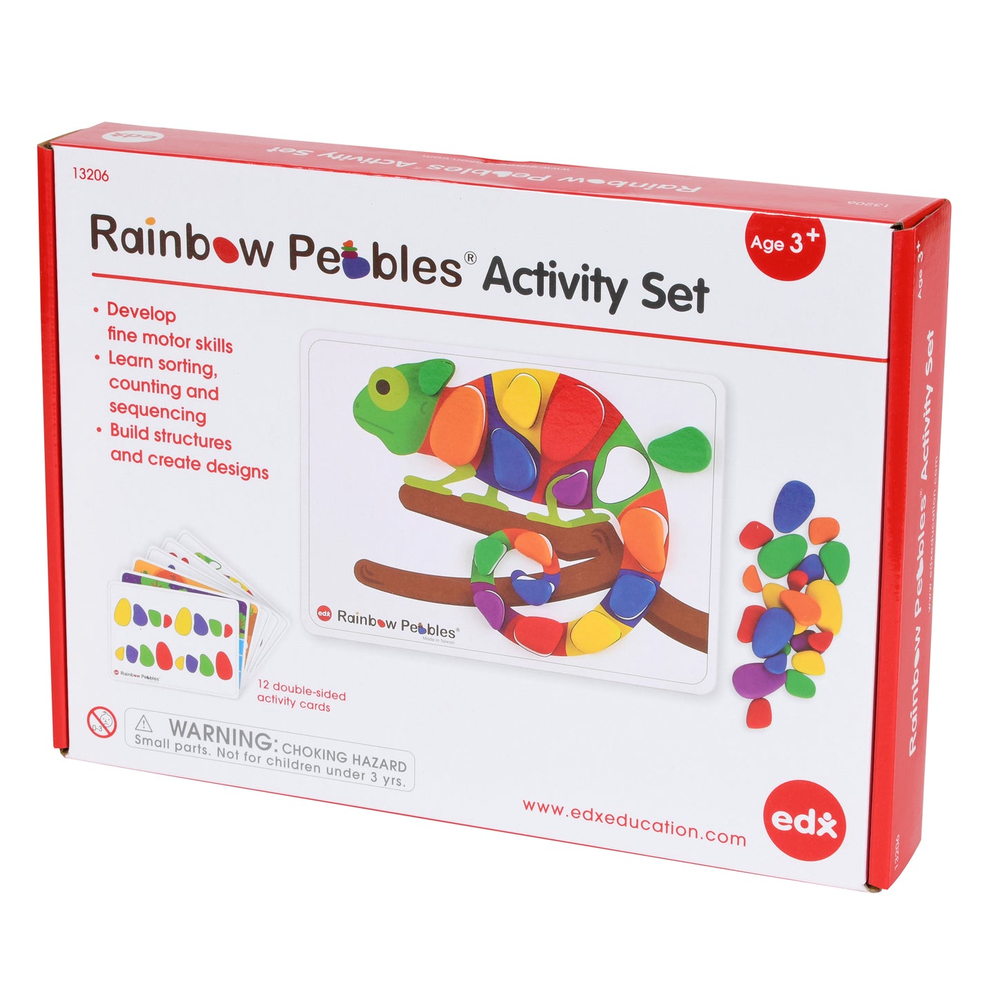Rainbow Pebbles Activity Set box showing colorful pebbles, brown branch, activity cards, and learning materials for ages 3+