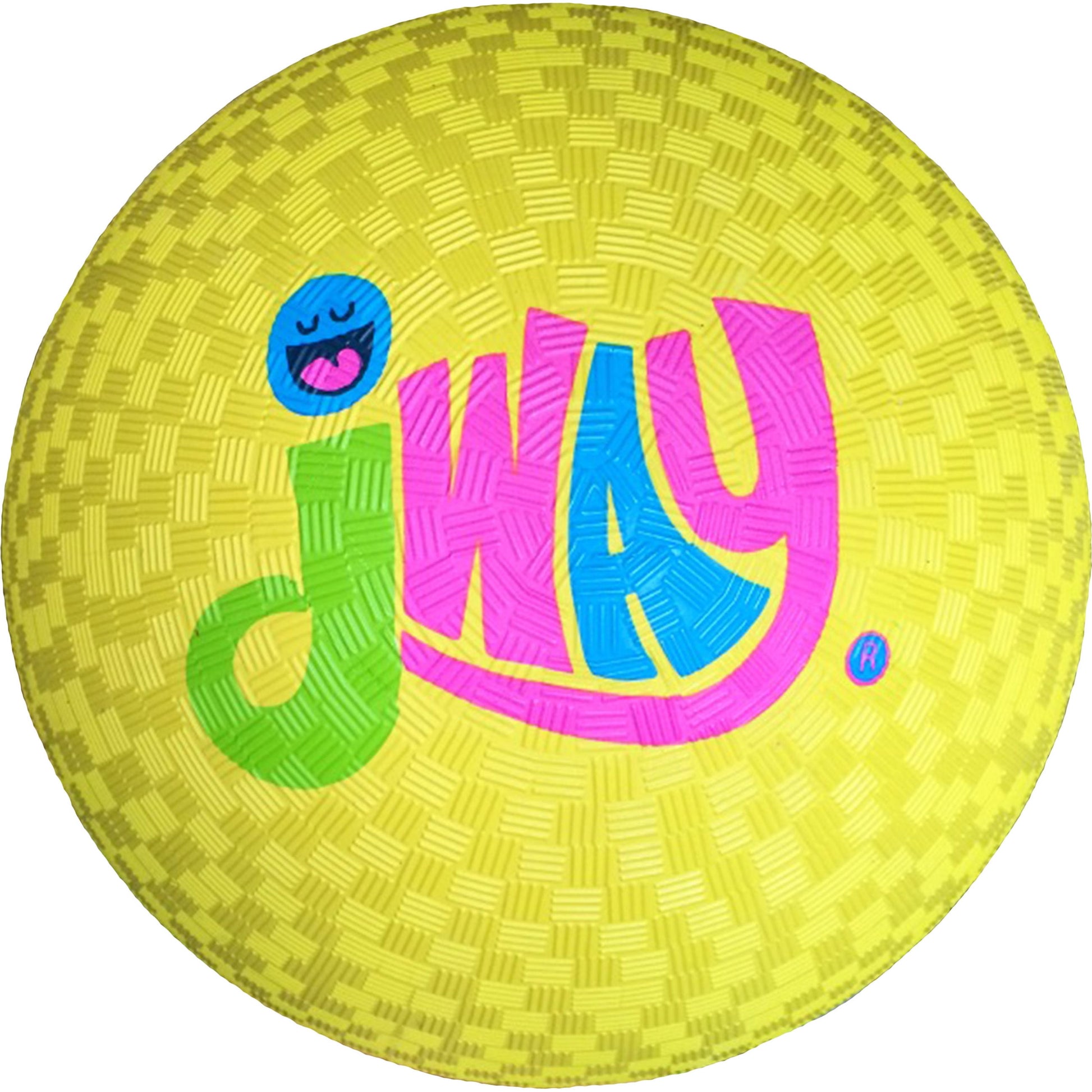 Radiant yellow playground ball with colorful graphic design featuring a smiling blue face, green footprint, and large magenta and blue smiley mouth on textured