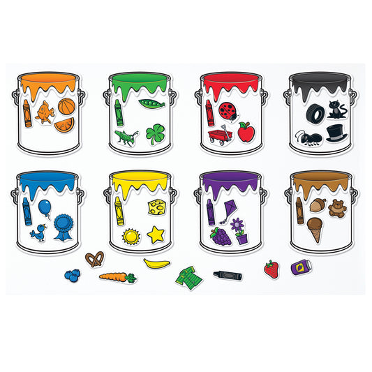 Eight paint cans with colored lids containing matching magnetic objects to sort by color: orange crayon and fruit, green crayon and vegetables, red crayon and v