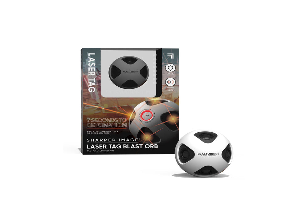 Sharper Image Laser Tag Blast Orb package with white and black spherical toy, showing 7-second detonation timer feature and tactical suppression gameplay
