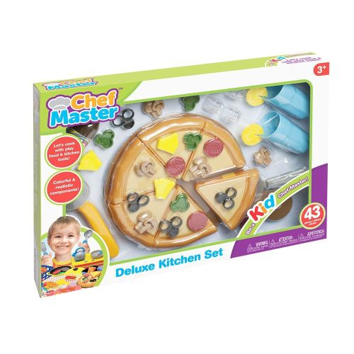 Chef Master Deluxe Kitchen Set with 43 pieces including pretend pizza slices with toppings and play food accessories, modeled by a child