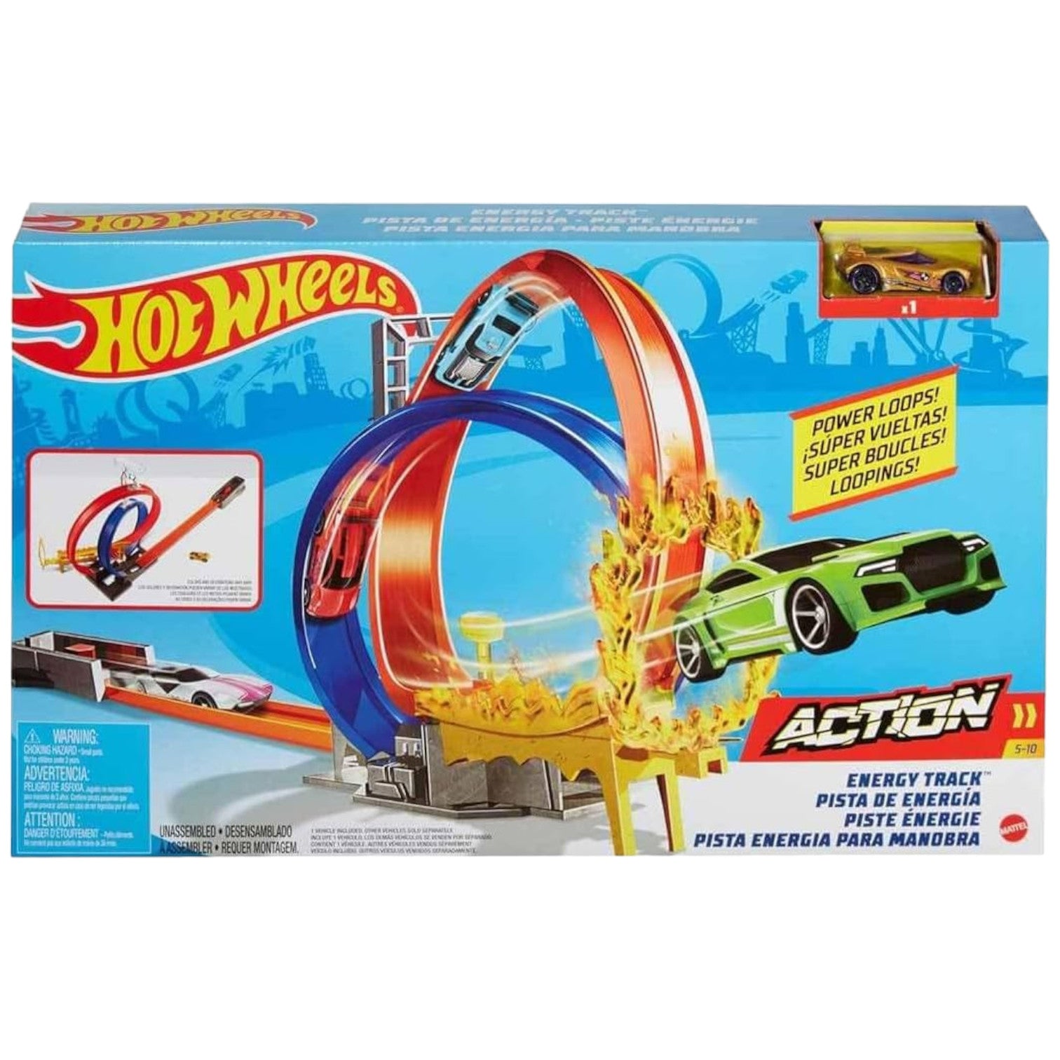 Hot Wheels Energy Track set with loop-de-loop, green car, and flame effects