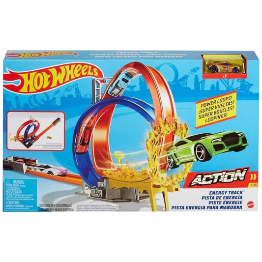 Hot Wheels Energy Track set with loop-de-loop, green car, and flame effects