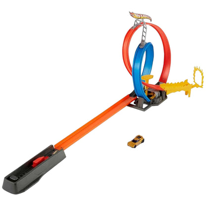 Hot Wheels Energy Track set with orange track, red loop, blue section, and gold car