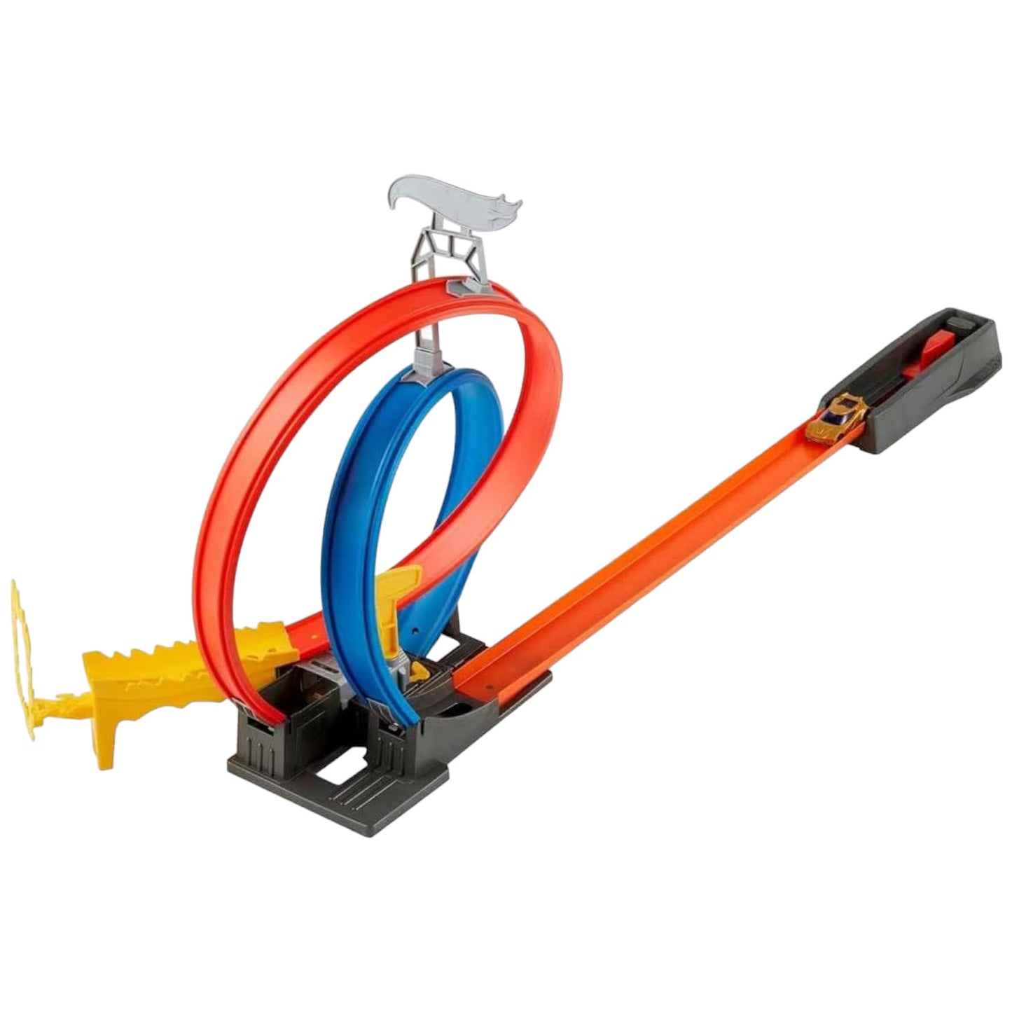 Hot Wheels Energy Track with red and blue loop, orange ramp, and yellow launcher