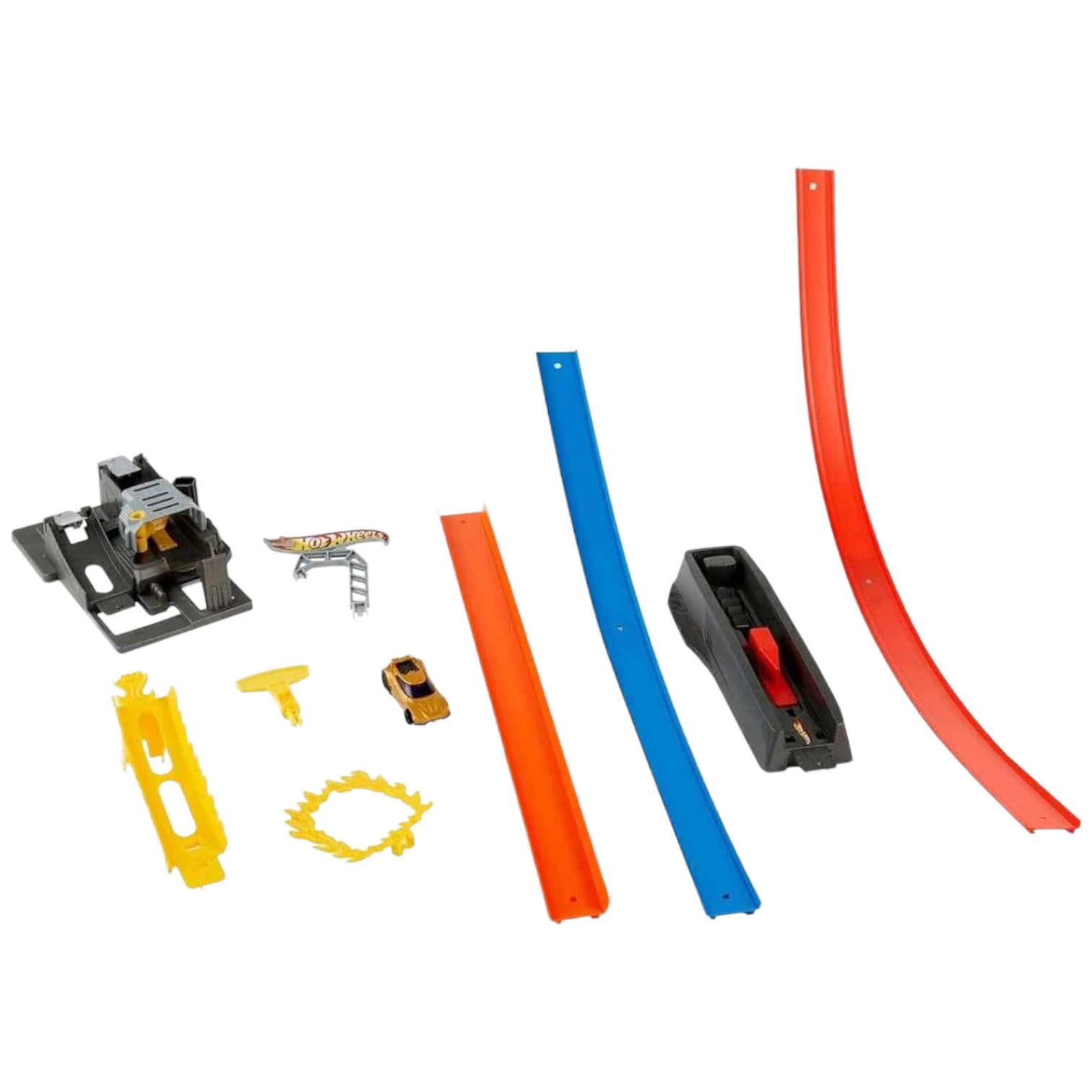 Hot Wheels Energy Track set with orange and blue track pieces, launcher, and yellow car