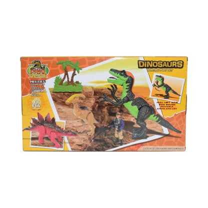 Dinosaurs Hunting Playset with brown rocky terrain, green dinosaur figures, palm tree scenery, and sound and action features