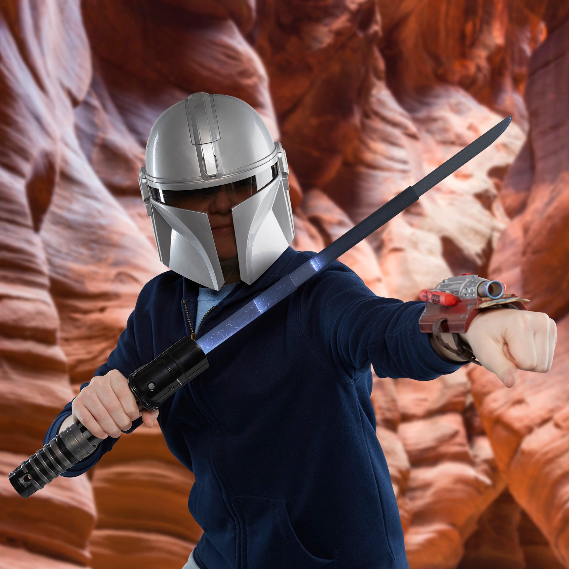 SW Mandalorian Feature Mask with blue lightsaber and blaster accessories