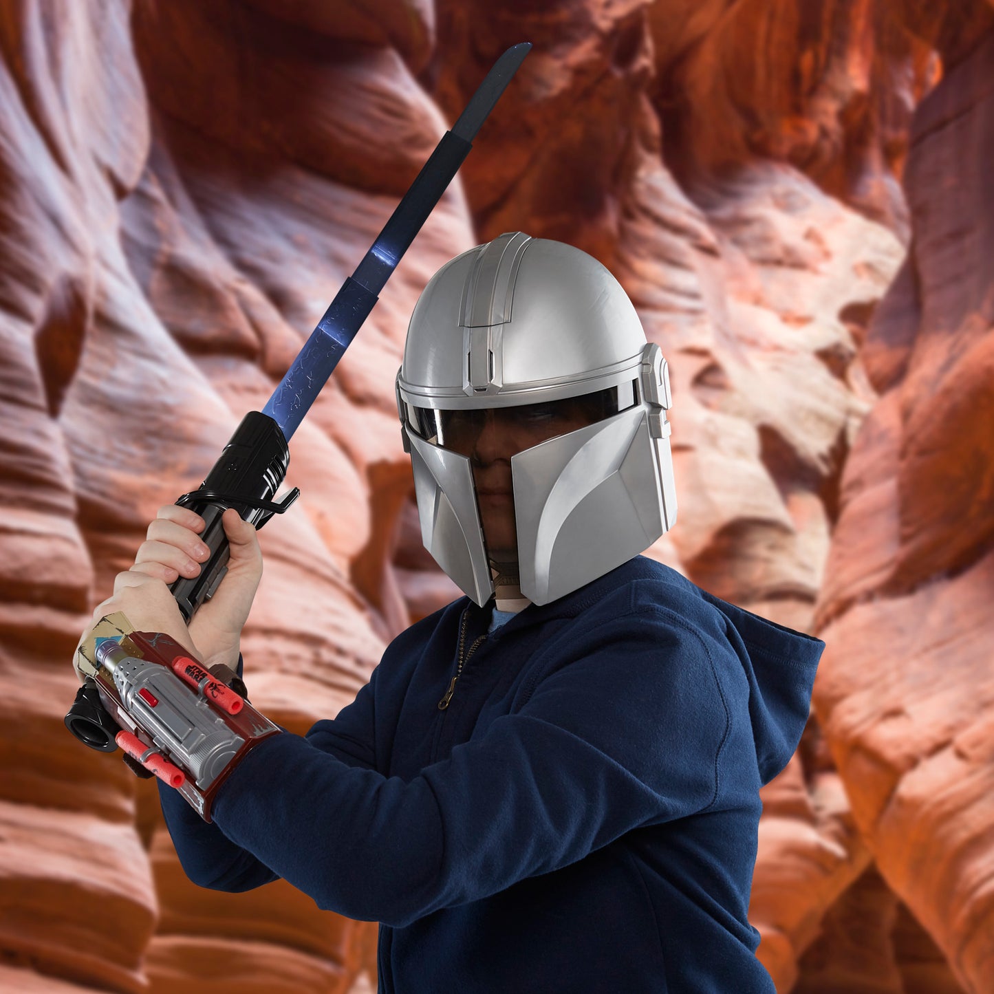 SW Mandalorian Feature Mask silver helmet with blue lightsaber toy