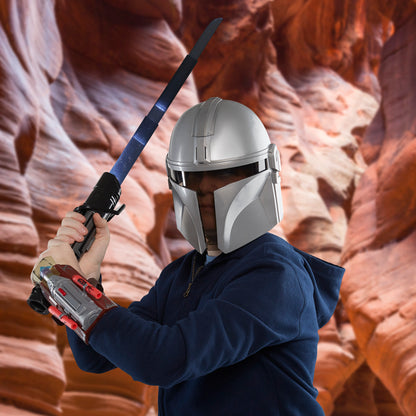 SW Mandalorian Feature Mask silver helmet with blue lightsaber toy