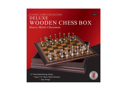 Deluxe wooden chess set with 12-inch inlaid playing surface, heavy metal gold and silver chessmen, and dark wood storage box