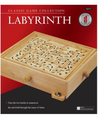 Classic Game Collection wood labyrinth puzzle with tilting maze board and ball on red background