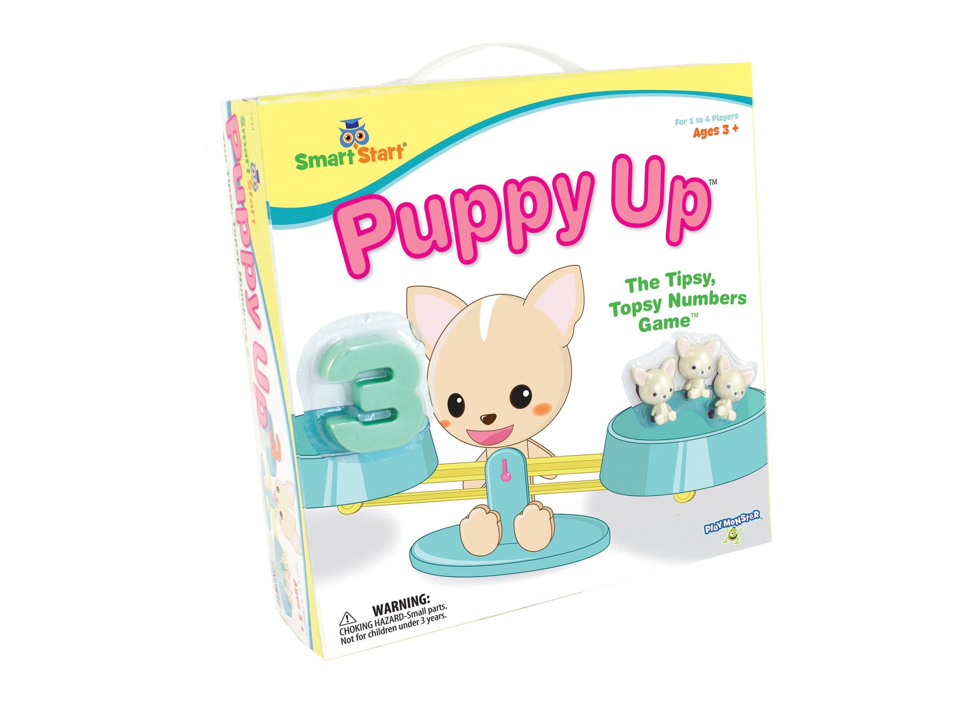 Puppy Up board game box showing cute tan puppy character balancing on center platform with blue bowls on either side, Smart Start branding, ages 3+