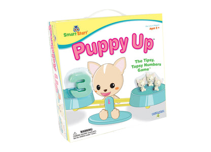 Puppy Up board game box showing cute tan puppy character balancing on center platform with blue bowls on either side, Smart Start branding, ages 3+